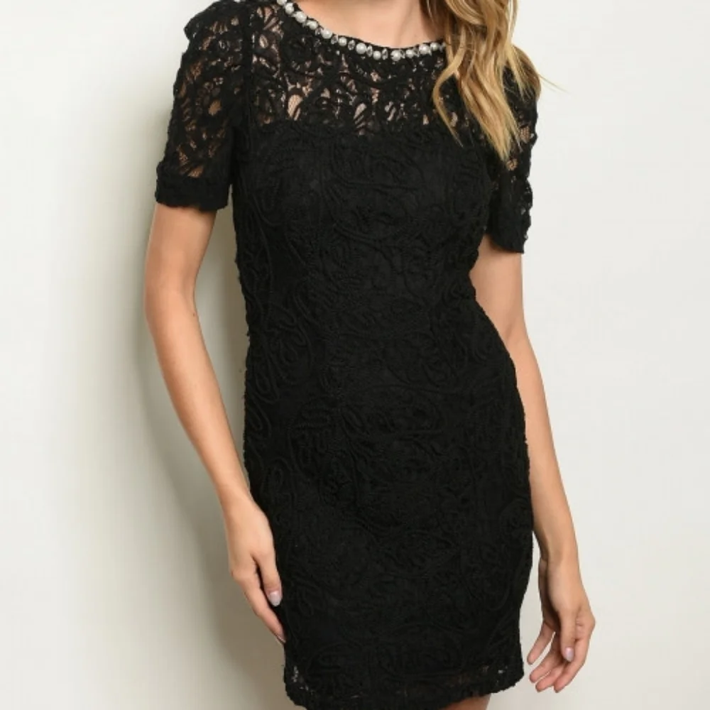 Black Lace Pearl Embellished Dress | Elegant LBD Cocktail Dress - Picture 2 of 8